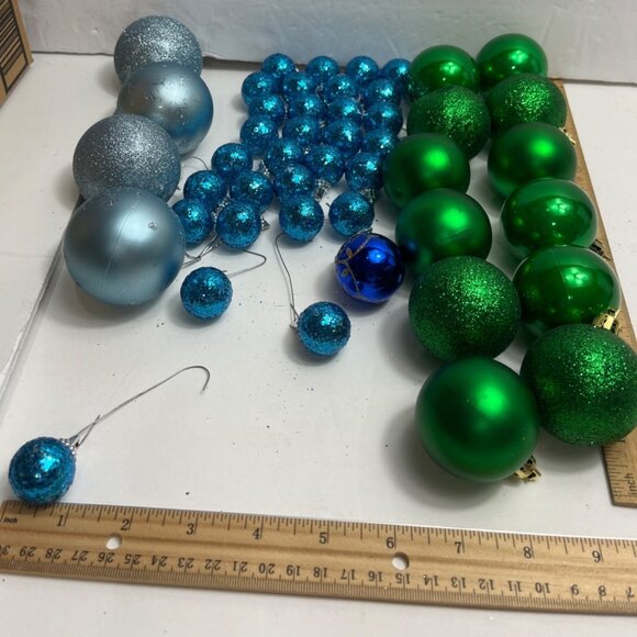 Set Of Green Blue & Silver Christmas Ornaments - Glitter & Matte - 1"-3" Diamete - Picture 2 of 3